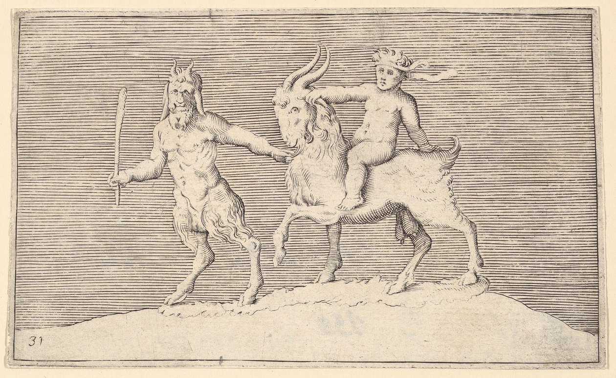 幼児が乗るSatyr Leading Goatは、ca。 1599-1622。 作： 不明