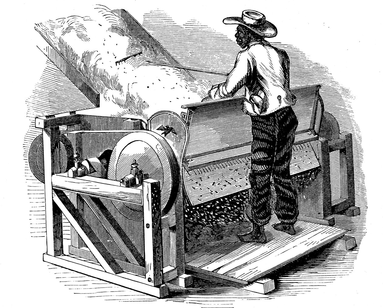 1865年、米国南部の裸足の黒人労働者が運営する綿の清掃用ジンを見た 作： 不明