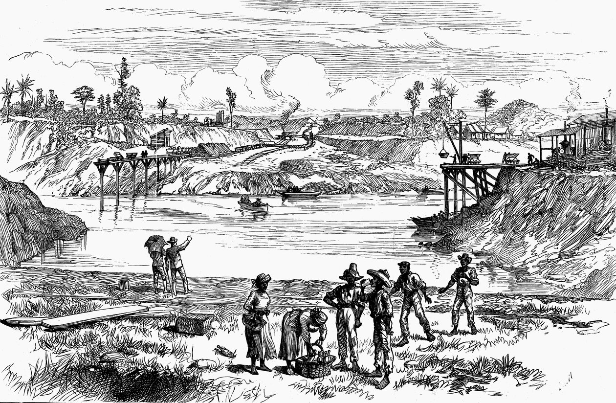 ドレセップスがパナマ運河を掘ろうとする様子、1888年 作： 不明