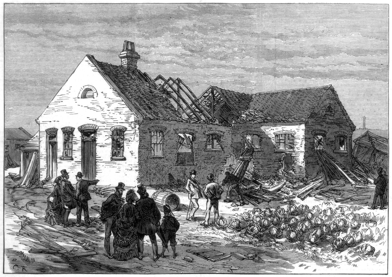1872年、グリニッジ湿地のカートリッジ工場での爆発の様子 作： 不明