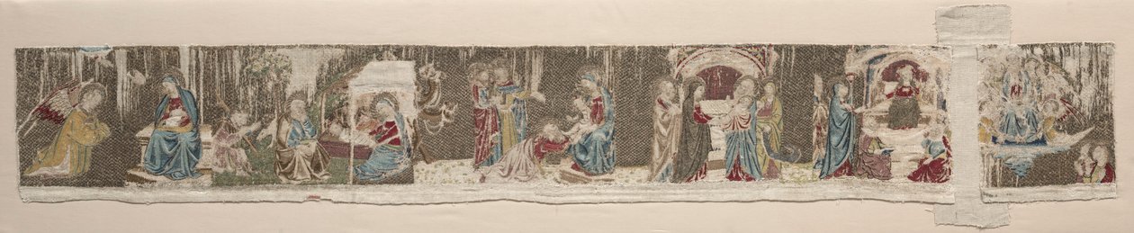 1330年代または1340年代に刺繍された祭壇の正面からの、聖母の生涯のシーン。 作： 不明