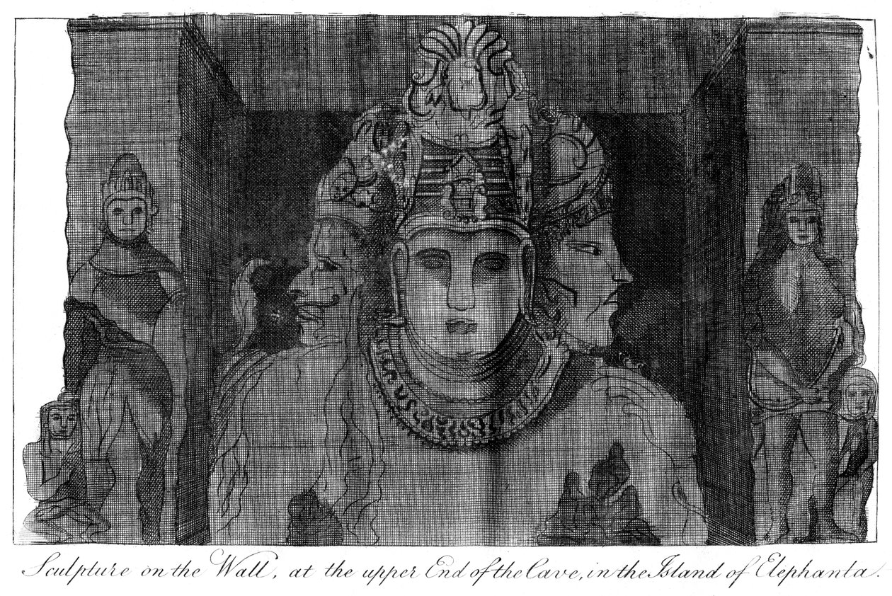 1799年、インド、エレファンタ島の洞窟の上端にある壁の彫刻 作： 不明