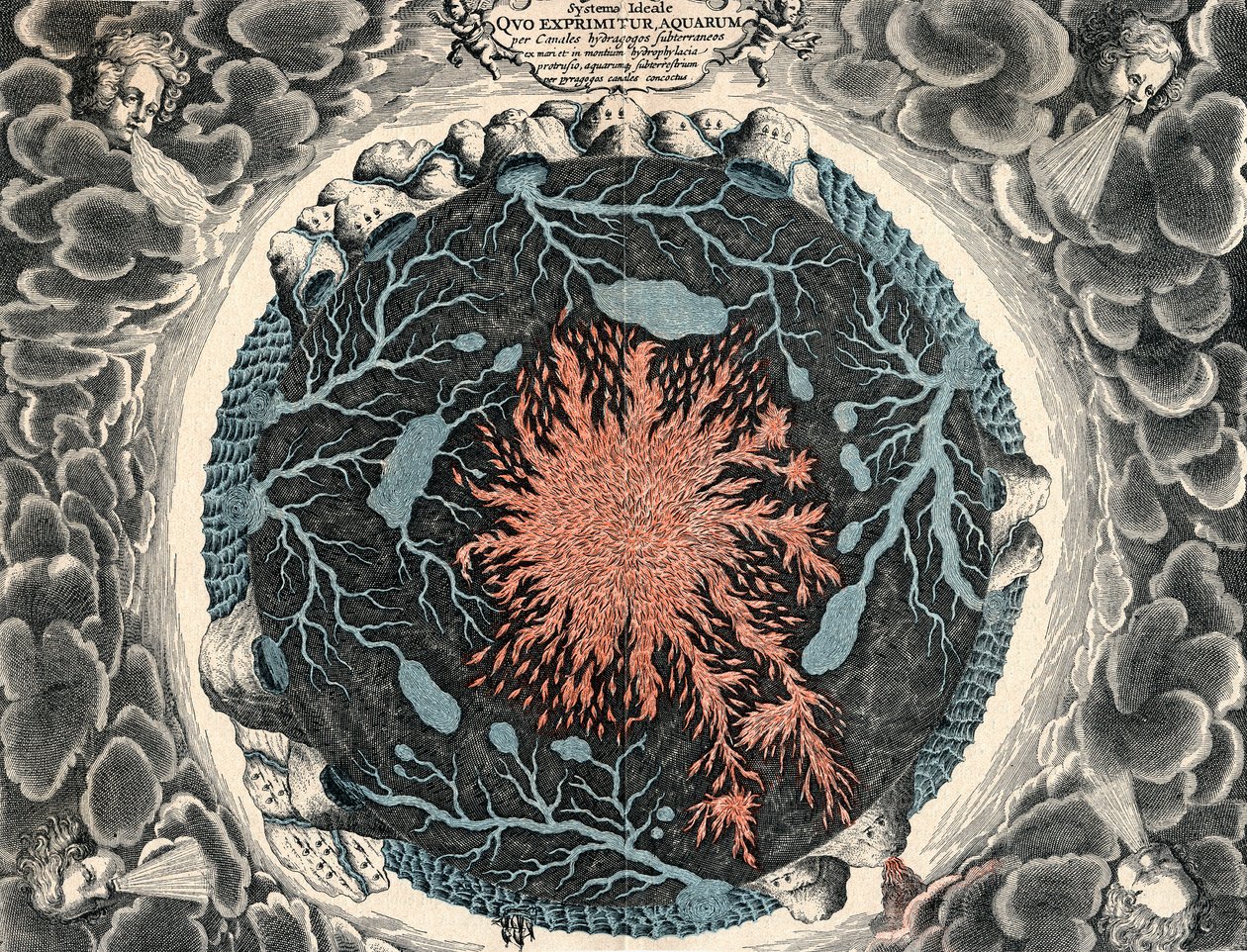 地球の断面図。海につながる中央の火と地下の運河を示しています。1665 作： 不明