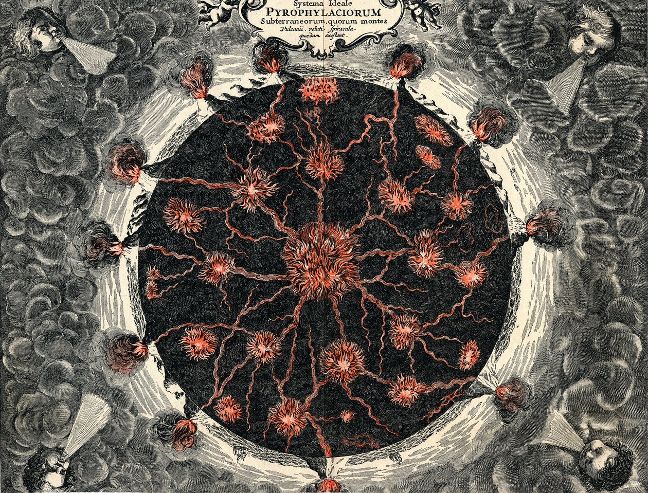 1665年に中央の火と火山を示した地球の断面図 作： 不明
