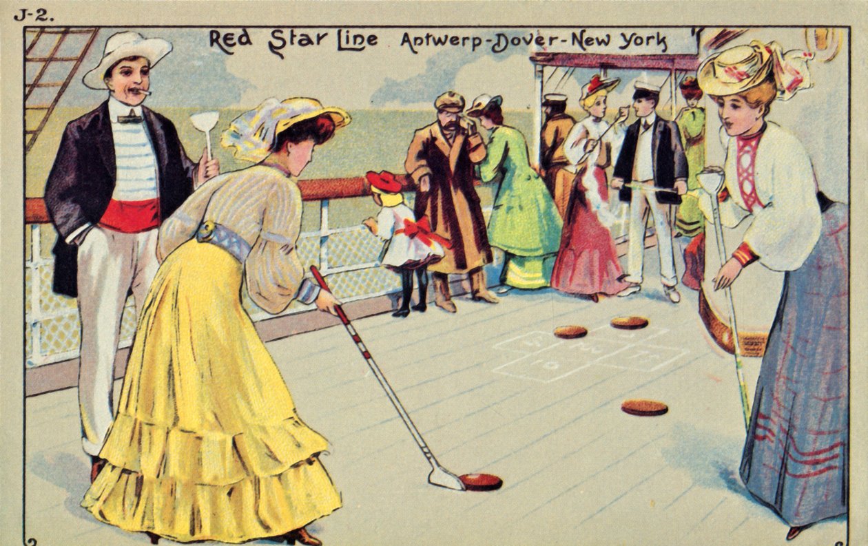 レッドスターラインの客船に乗ったシャッフルボード、1907年。 作： 不明