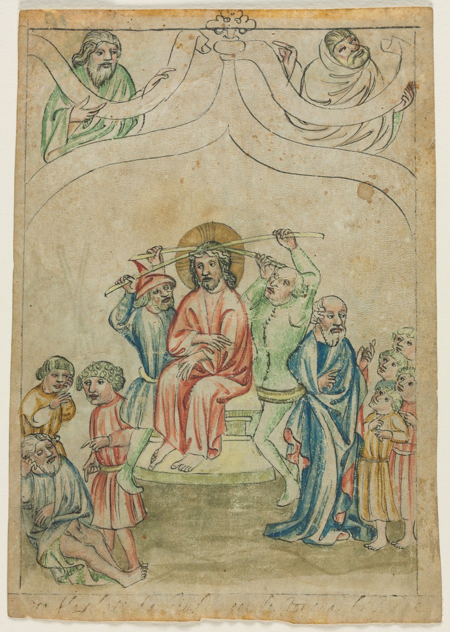 Biblia Pauperumからの単一の葉：十字架を背負ったキリスト、c。 1410年。 作： 不明