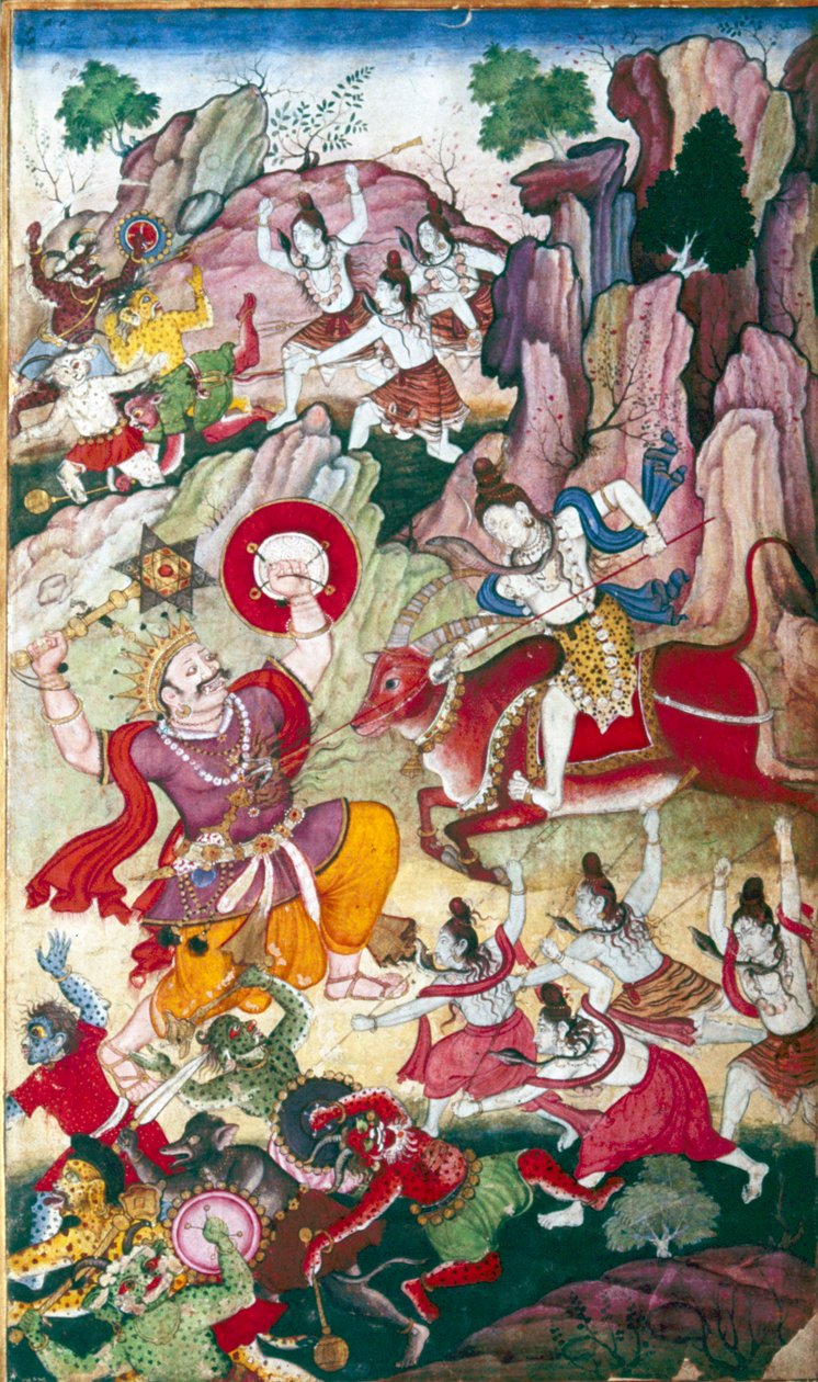 シヴァは悪魔アンダカを破壊する、ハリヴァムサ写本、ムガール、c1590. 作： 不明