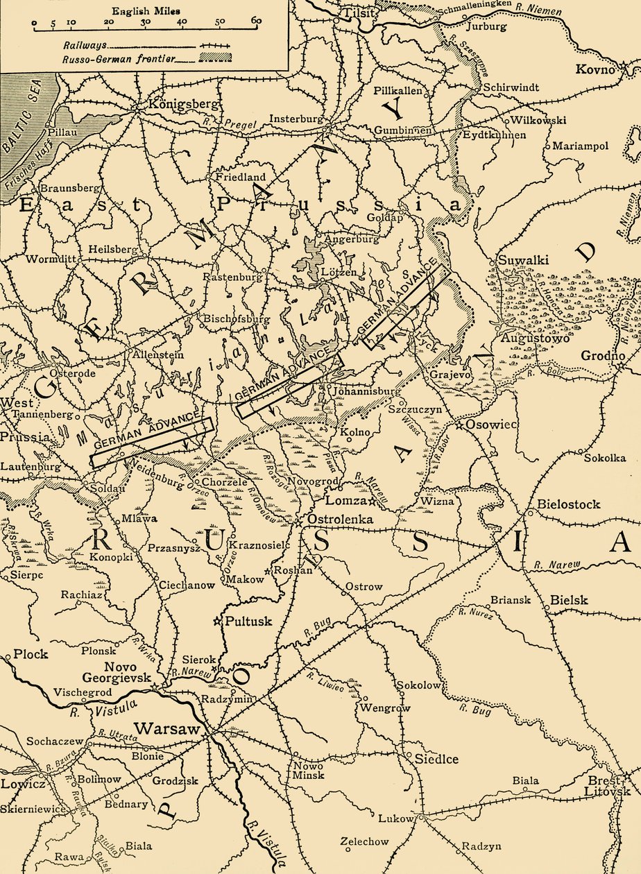 1915年、c1920年2月のワルシャワ北部でのドイツの攻撃を示す地図をスケッチします。 作： 不明