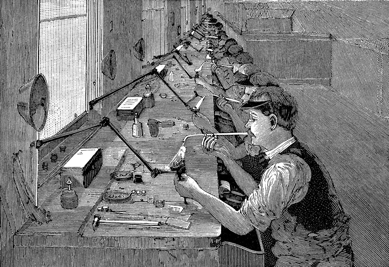 アメリカの工場での自転車部品のはんだ付け、c1900 作： 不明