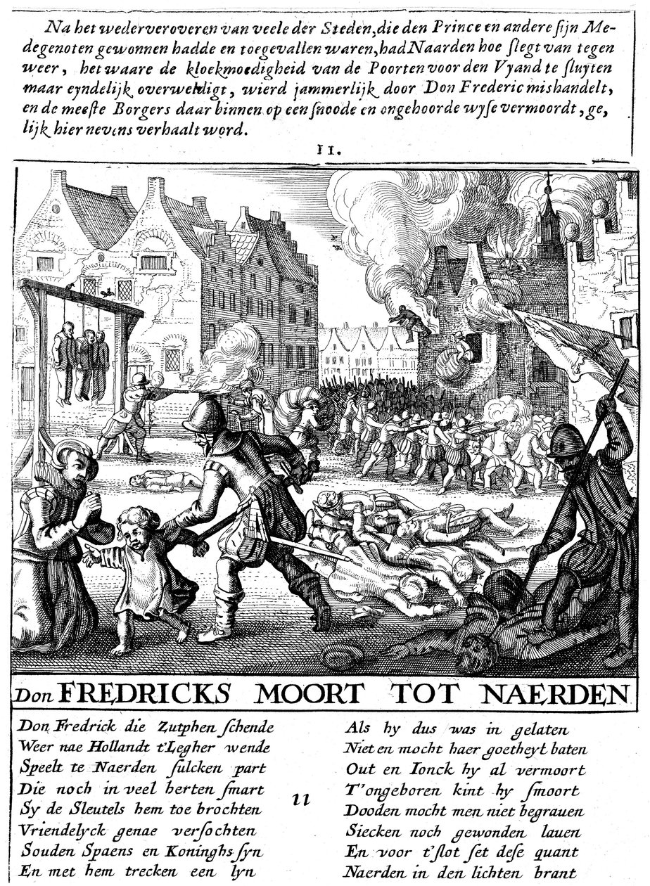 1567〜73年のオランダでのスペイン統治中にスペイン軍が建物に火をつけ、虐殺した 作： 不明