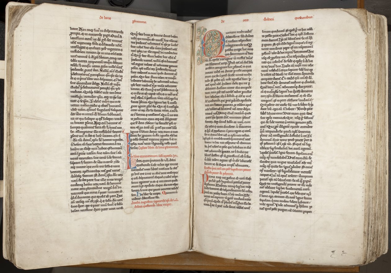 ヒッポの聖アウグスティヌス「オペラ」、Fol 105 verso 106 recto、c.1200（羊皮紙にペンとインク 作： 不明