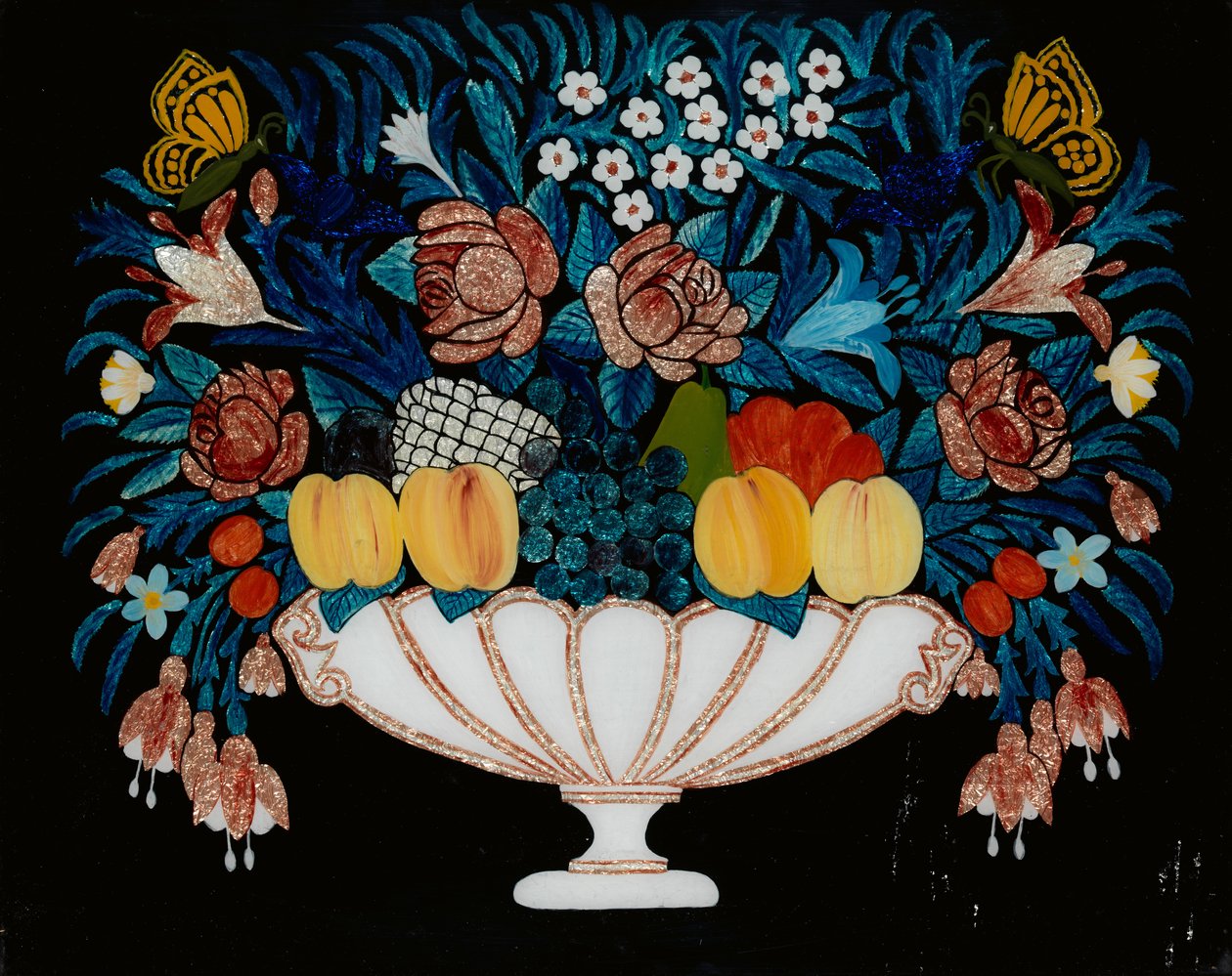 静物-白とピンクのボウルの花と果物、1840-60。 作： 不明