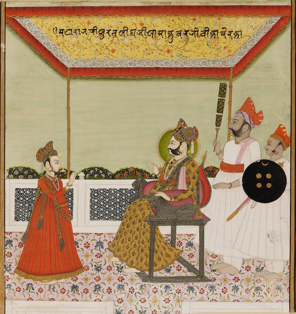 スラト・シンはライオンで武装した玉座に座り、幼い息子を迎えます、c1800 作： 不明