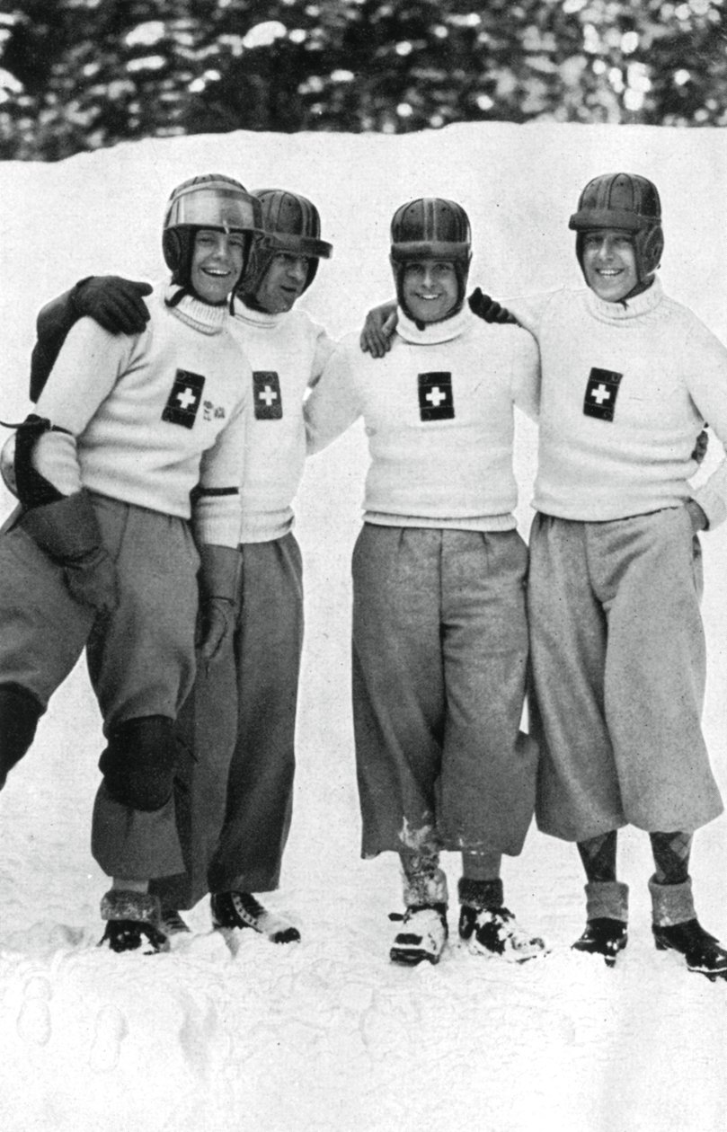スイスの4人ボブスレーチーム、冬季オリンピック、ドイツ、ガルミッシュパルテンキルヒェン、1936年 作： 不明
