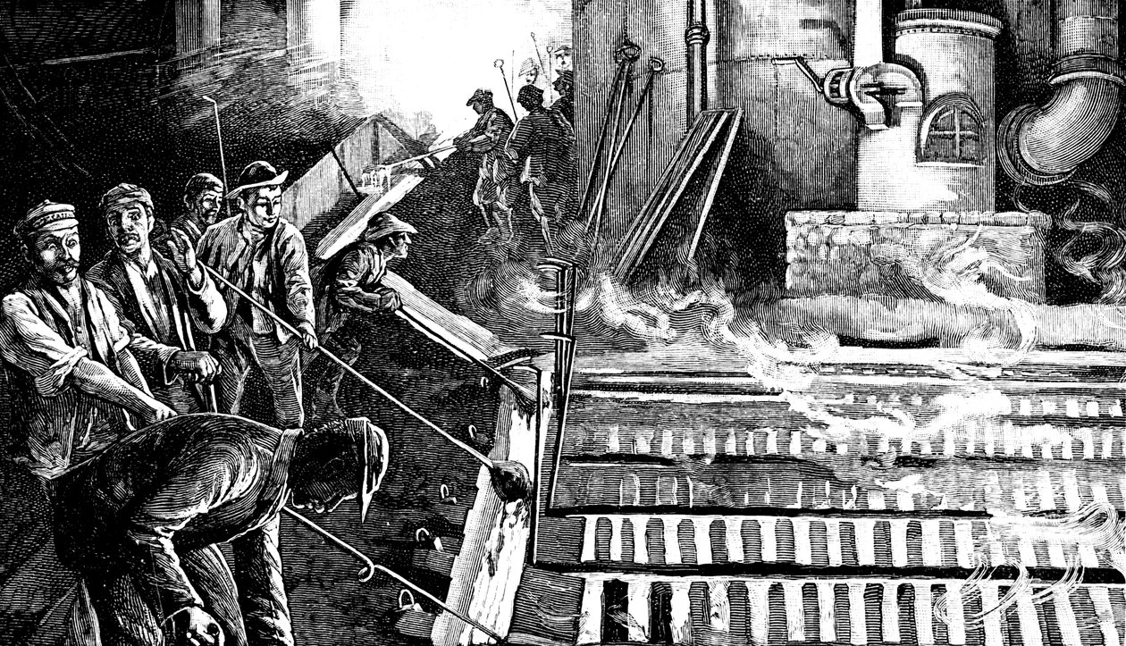 高炉をタップして鉄を豚に鋳造する、C1900 作： 不明