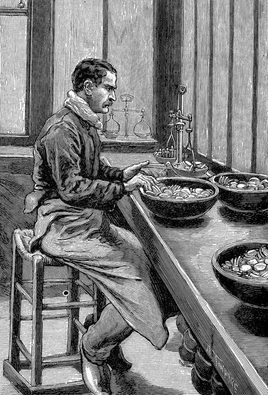 金貨の重量をテストする、パリ造幣局、1892 作： 不明