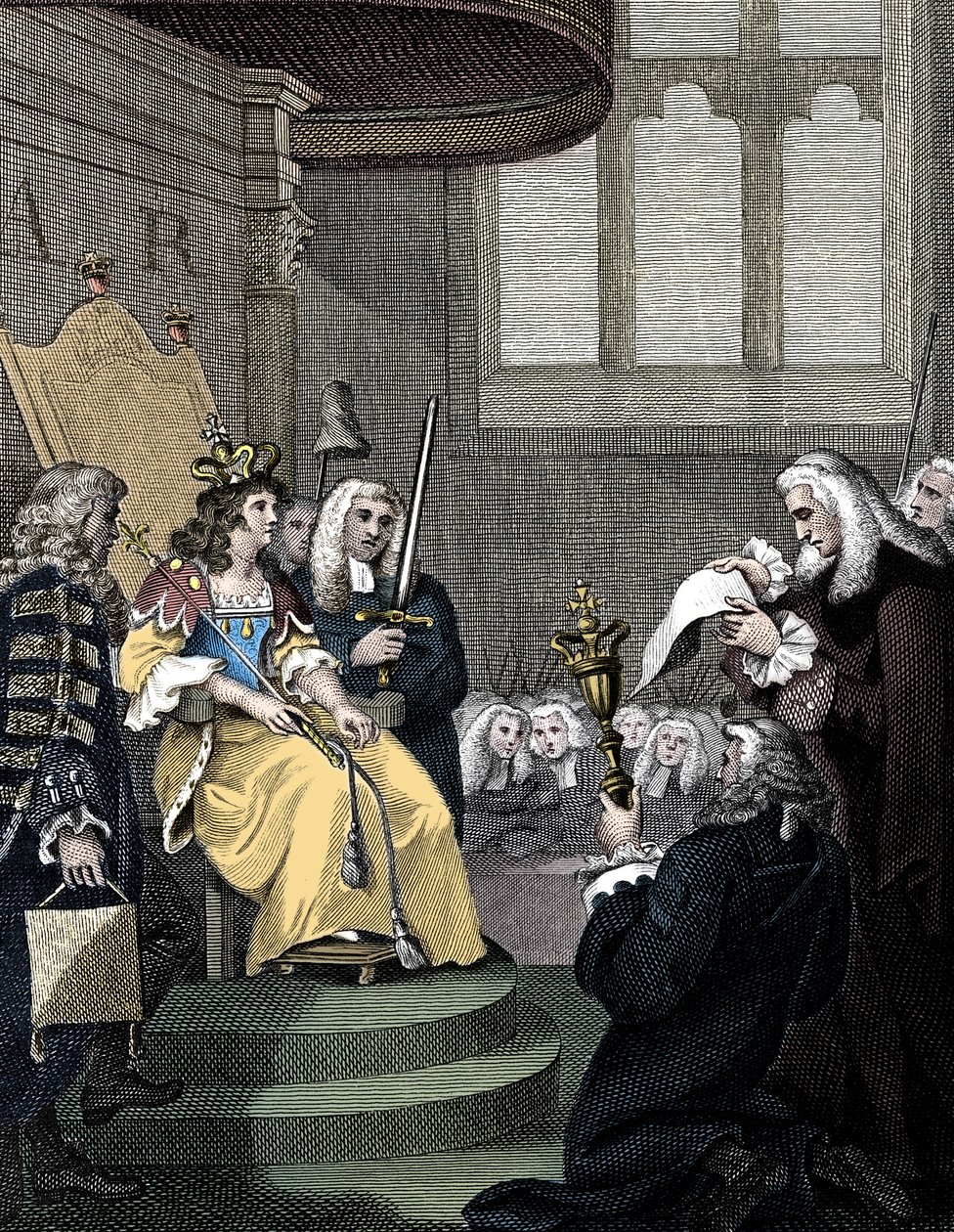 1826年のアン女王の前で読まれるイングランドとスコットランドの連合法 作： 不明