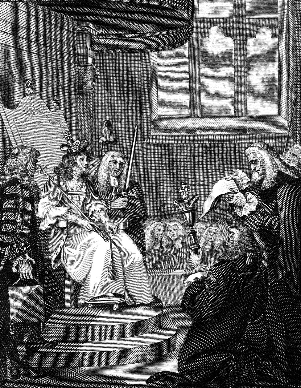 1826年のアン女王の前で読まれるイングランドとスコットランドの連合法 作： 不明