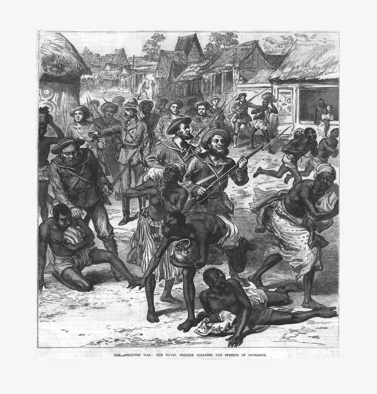 アシャンティー戦争：クーマシーの街路をクリアする海軍旅団、1874年。 作： 不明