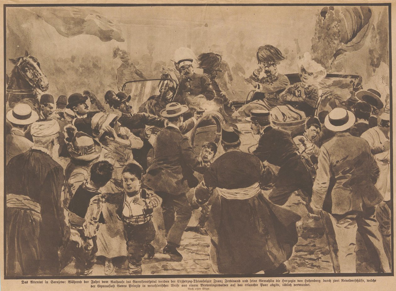 1914年6月28日、サラエボで起きたオーストリアのフランツ・フェルディナンド大公夫妻の暗殺事件。 作： 不明