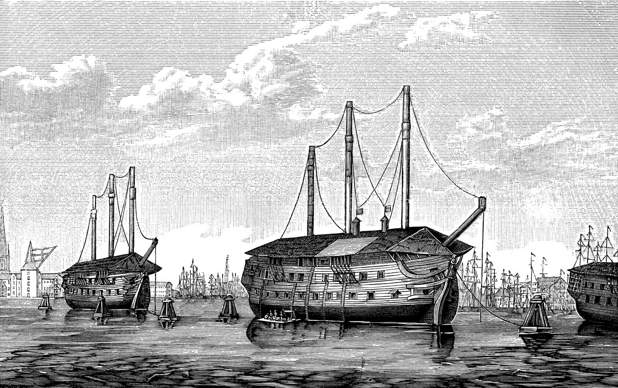 コペンハーゲンでのデンマークの刑務所船ドローニングマリアとウォルデマー、1848年-1849年 作： 不明