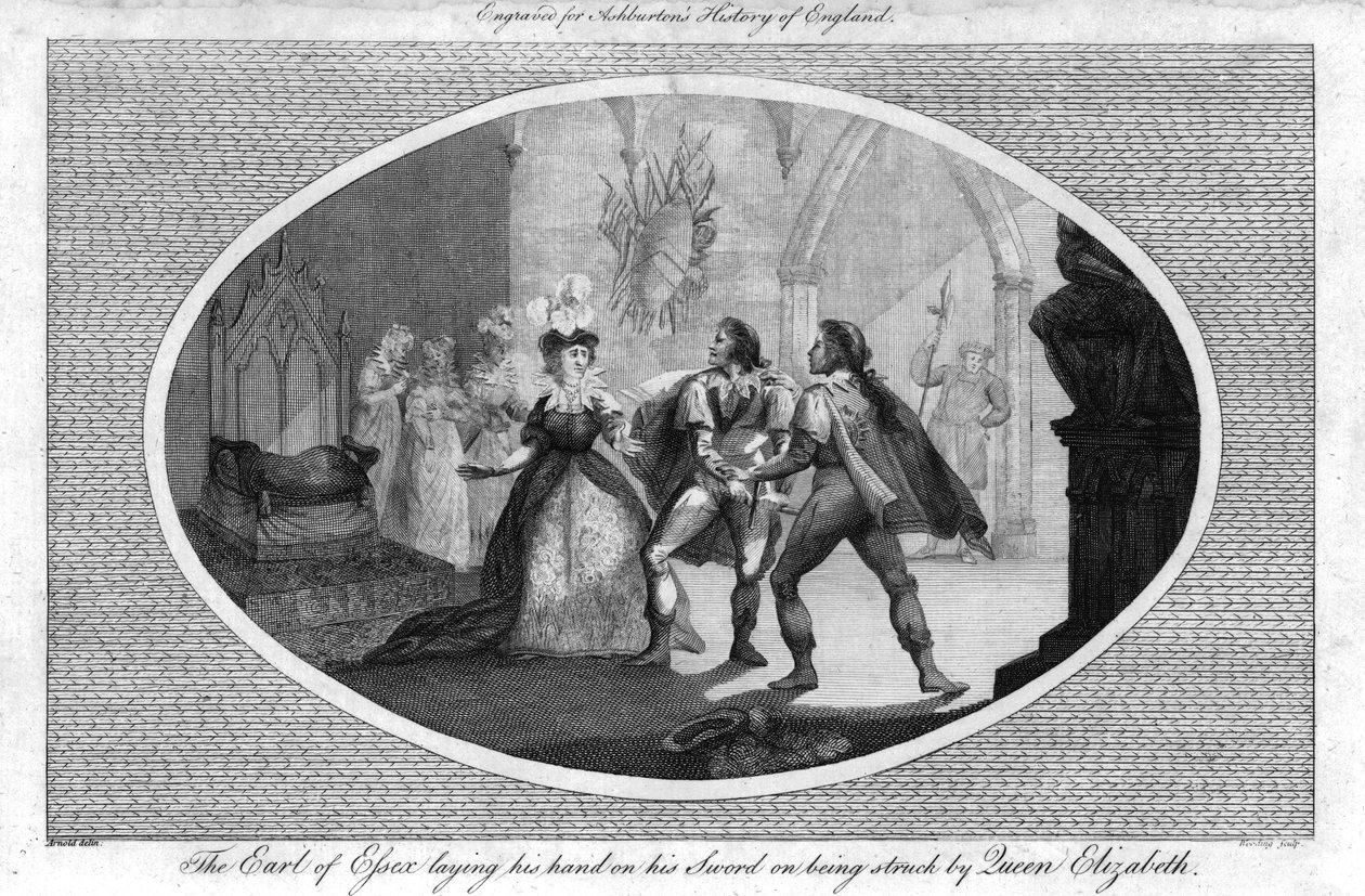 エリザベス女王に打たれたことで剣に手を置くエセックス伯爵、1792年 作： 不明