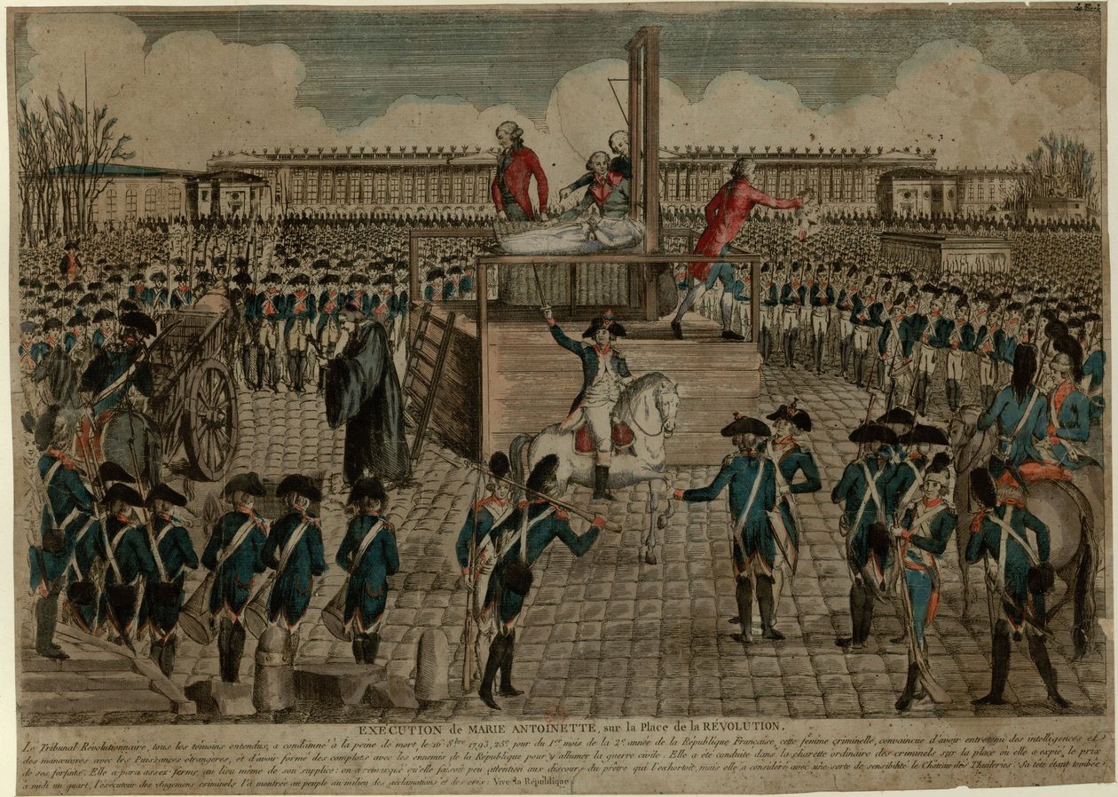 1793年10月16日、革命広場でのマリー・アントワネットの処刑（1793年頃）。 作： 不明