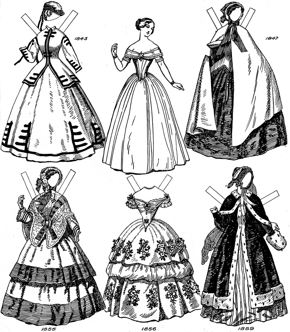 ブリティッシュコスチュームの素晴らしいギャラリー：1843年から1893年までのいくつかのレディースファッション、c1934 作： 不明