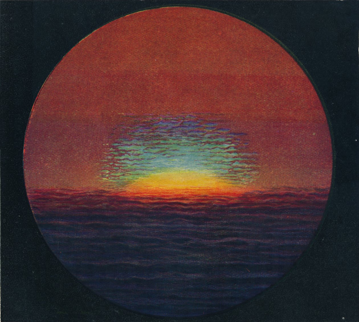 夕暮れ時の緑の閃光、大気によって屈折した希少なプリズム色、c1935 作： 不明