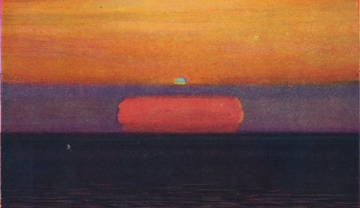 夕暮れ時の緑の閃光、大気によって屈折した希少なプリズム色、c1935 作： 不明