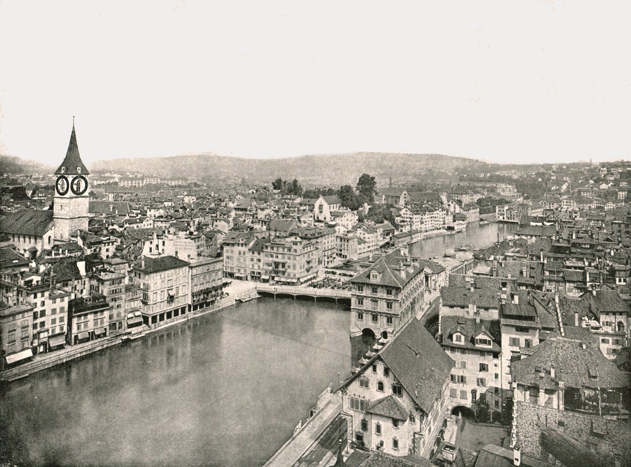 1895年にスイスのチューリッヒのリマト川で分断されたグロスシュタットとクライネシュタット。 作： 不明