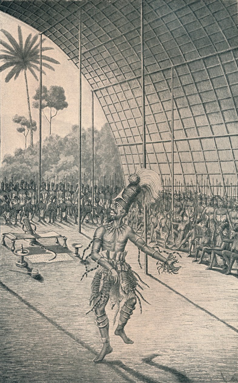マンバットゥ王ムンサが妻と戦士の前で踊る、c1870、1903 作： 不明
