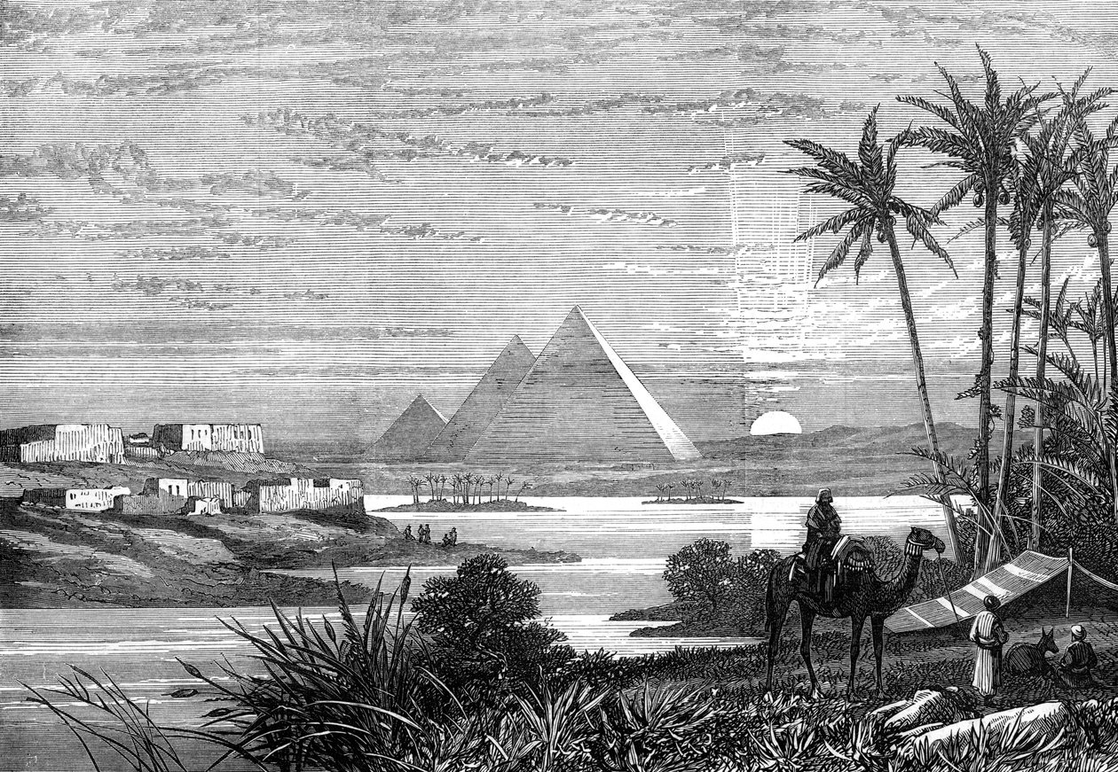 ブーラック道路からのナイル川とピラミッド、1874 作： 不明