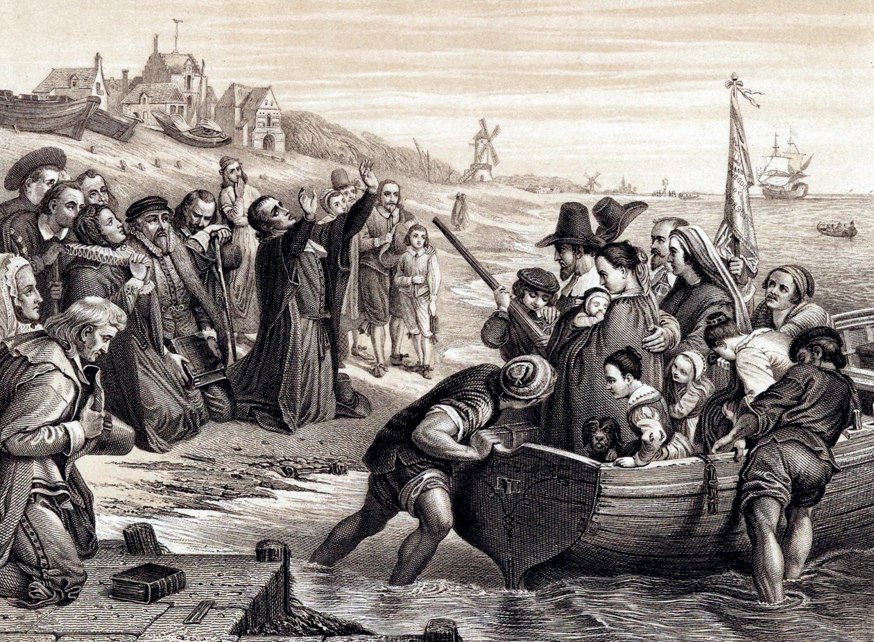 1820年7月1620年7月1620年7月16日、アメリカへの航海にデルフトヘブンを離れる巡礼者の父 作： 不明