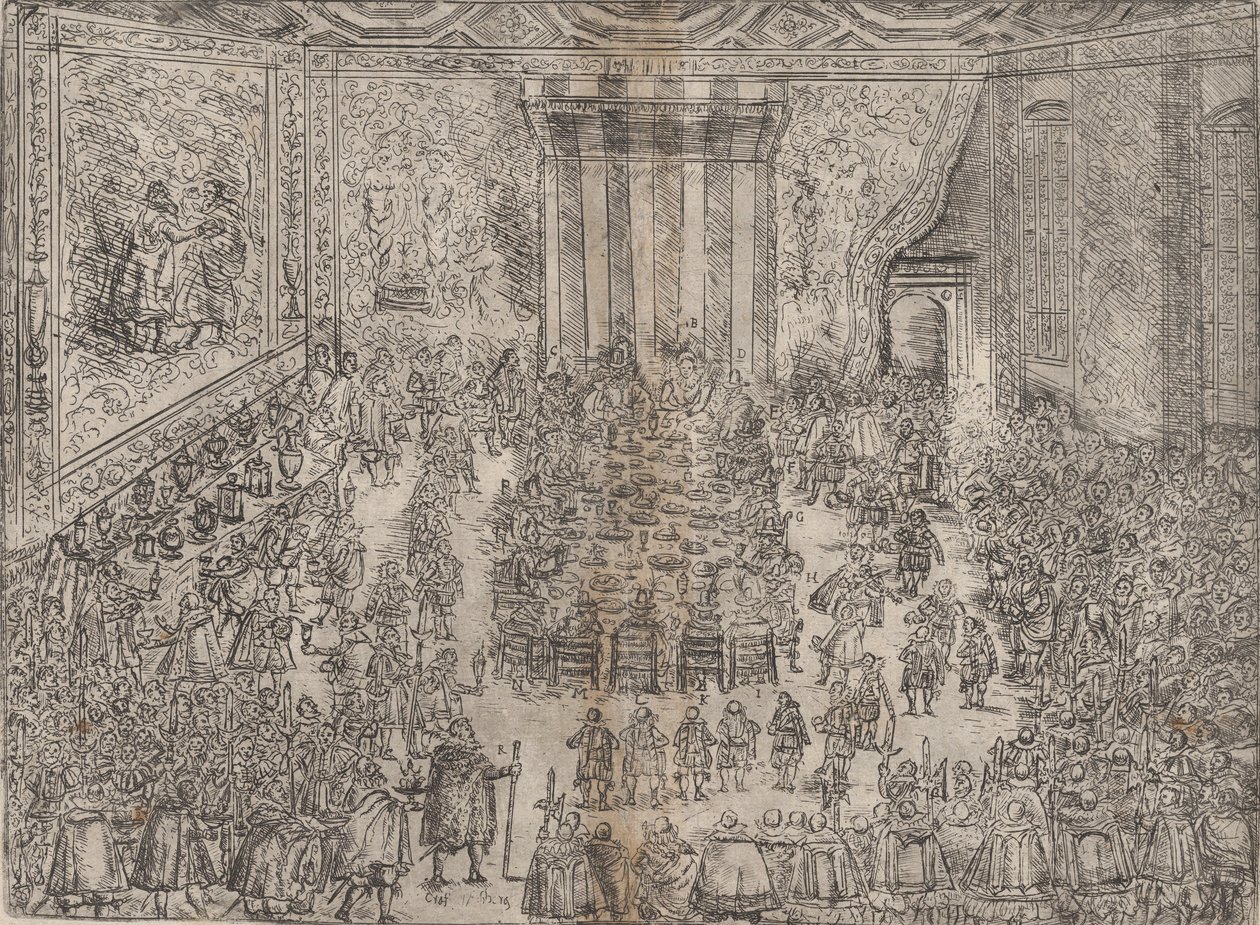 ヴォルフガの結婚式を描いたシリーズからの王室の食事「Fürstliche Mahlzeit」、1614 年。 作： 不明