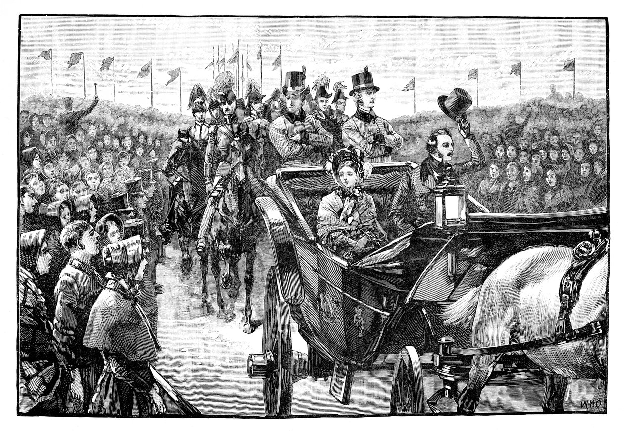 クイーンズ、1851年、1888年、マンチェスター近くのピールパークに到着 作： 不明