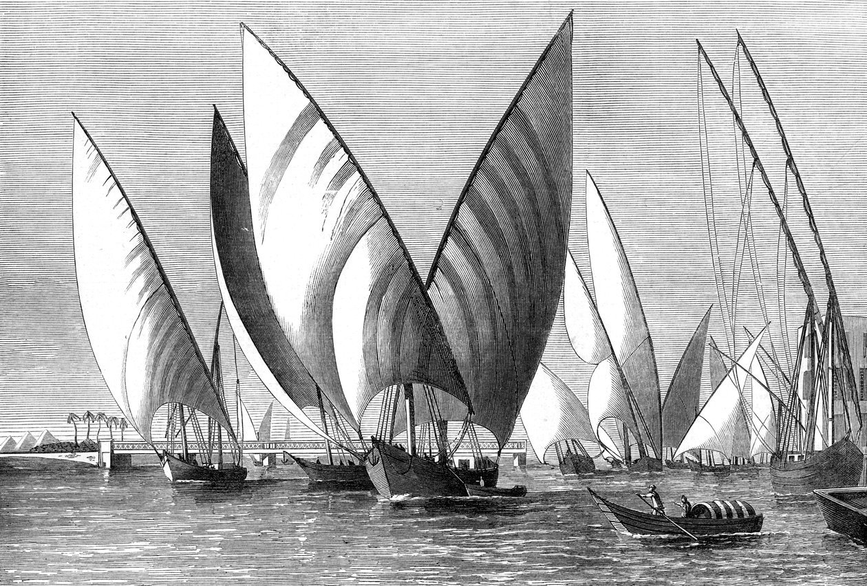カイロのボラック橋にある川、ダハベアが通過、1874年 作： 不明
