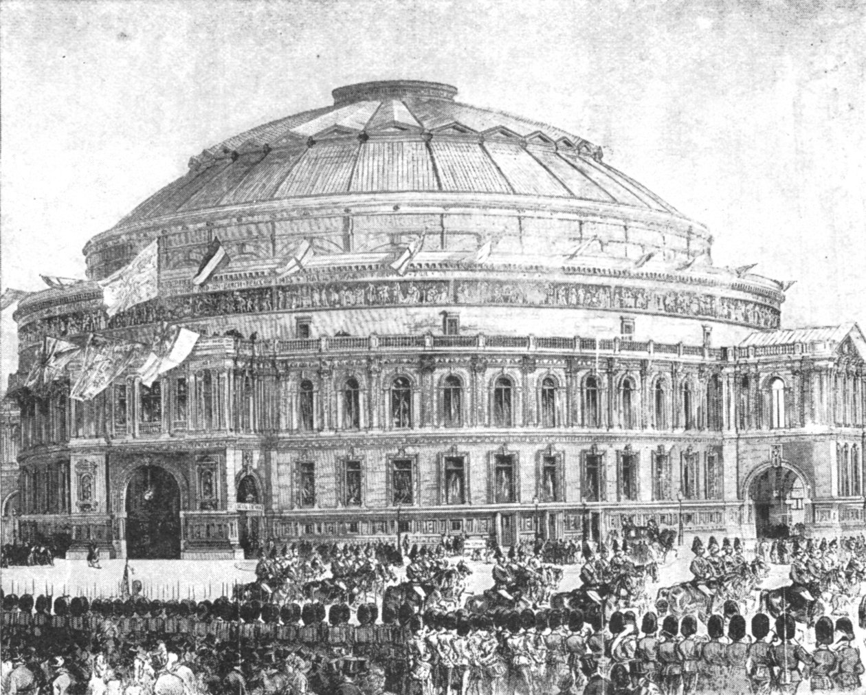 1871年のロイヤルアルバートホール：1901年3月29日、ビクトリア女王によってオープン。 作： 不明