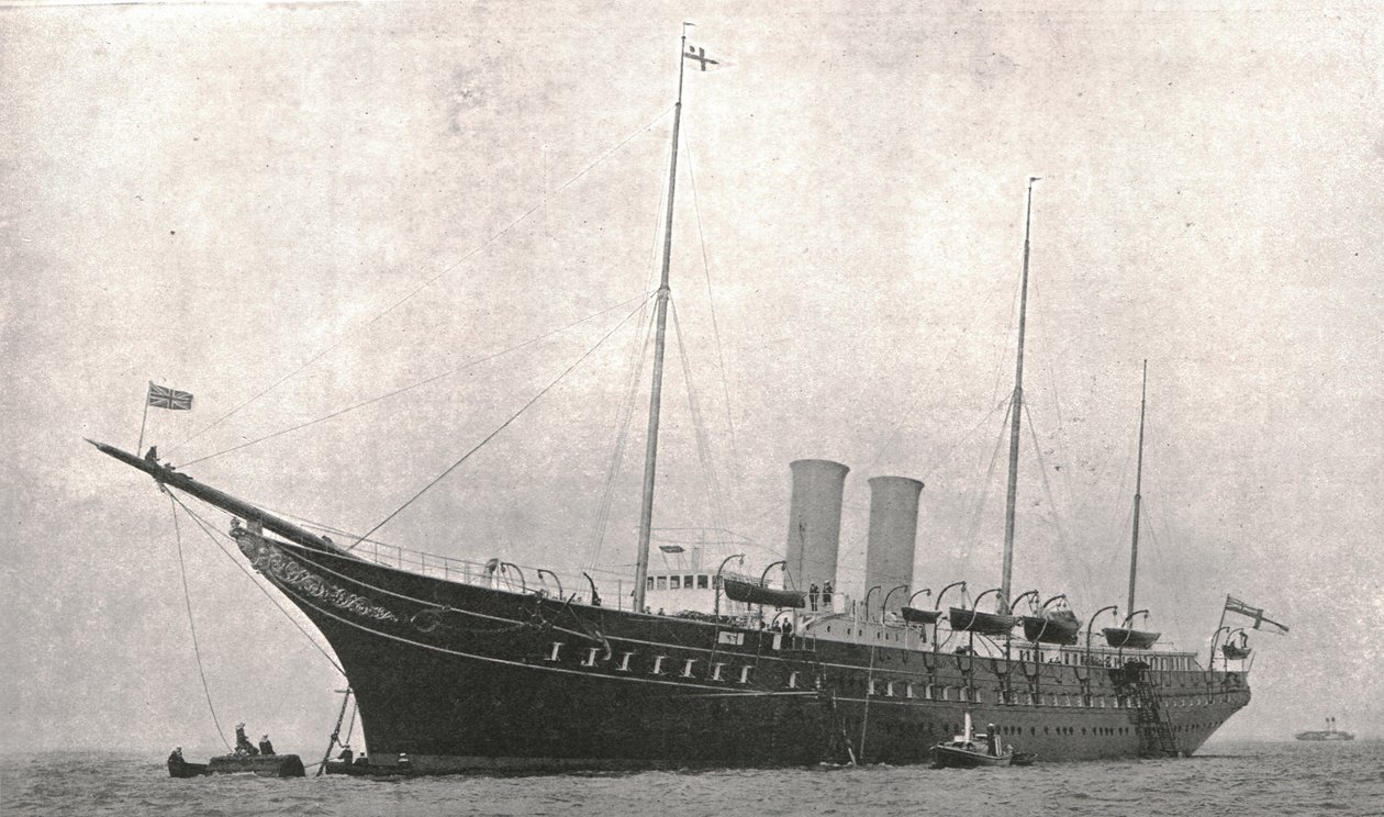 1902年8月6日、ワイト島のカウズを出発するロイヤルヨット。 作： 不明