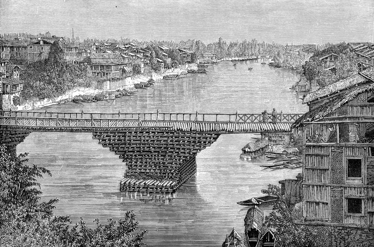 1895年、パキスタンのJhelum川に架かるスリナガル橋 作： 不明