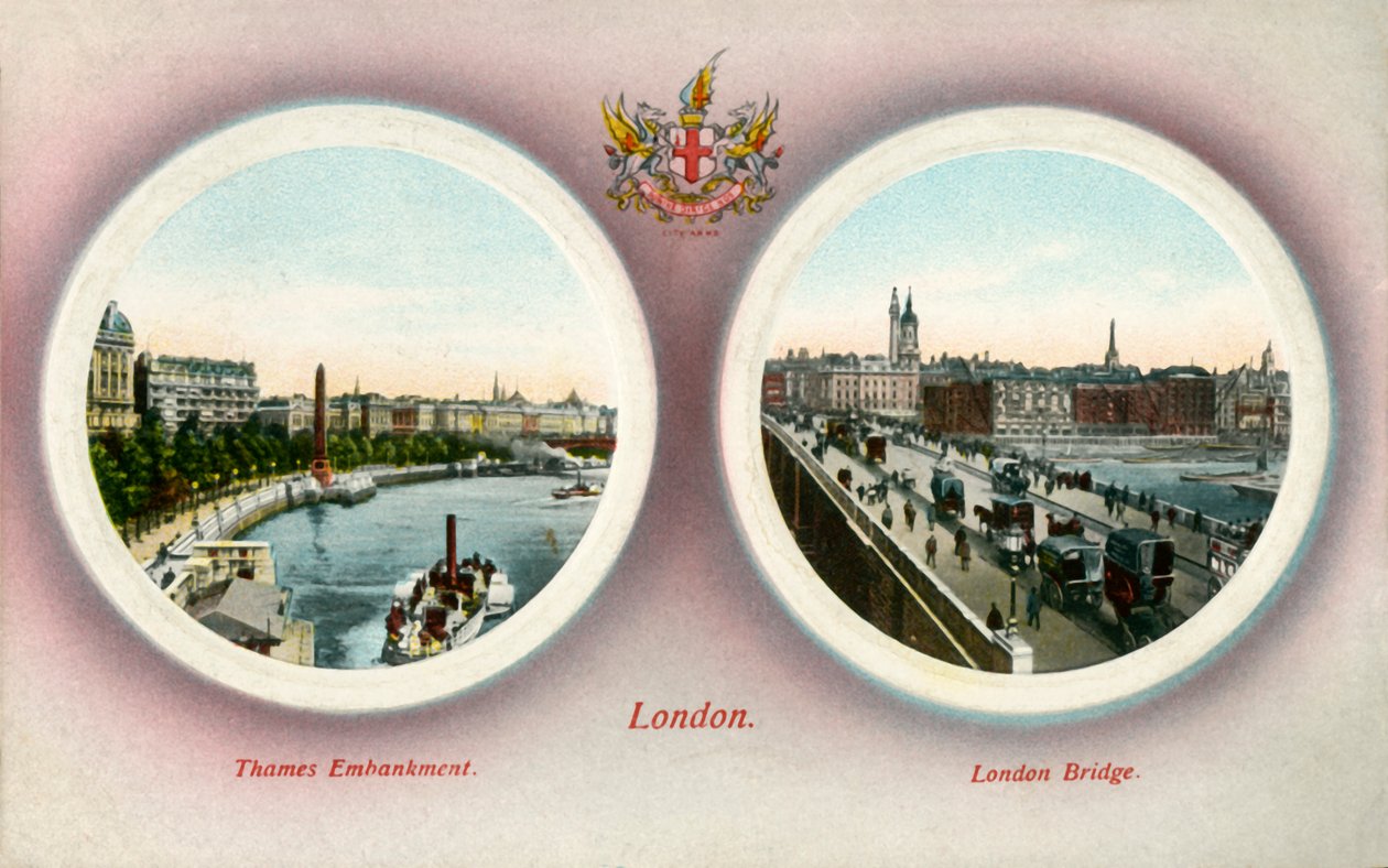 テムズ川の堤防とロンドン橋、ロンドン、1909年。 作： 不明