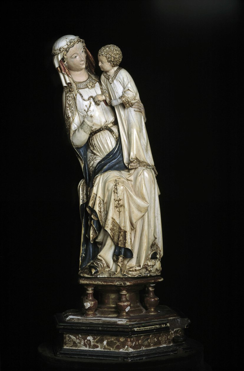 聖母と幼いイエス。1350-1375年頃の大理石の彫像。45 cm Collegiale Notre Dame（ノートルダム寺院）。ヴィルヌーヴ・レ・アヴィニオン（ガール）。 作： 不明