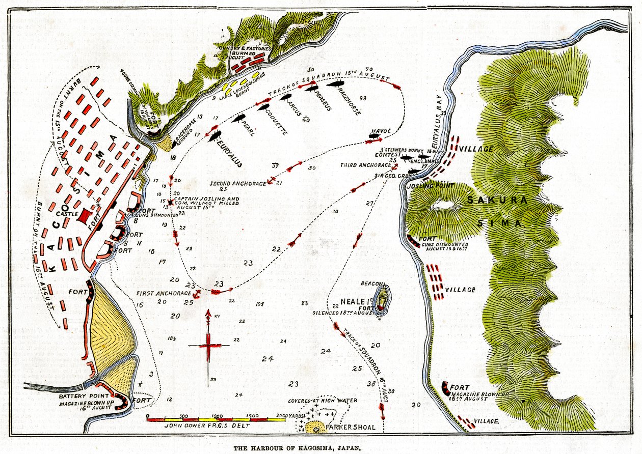 1863年、日本の鹿児島港の海軍による爆撃 作： 不明