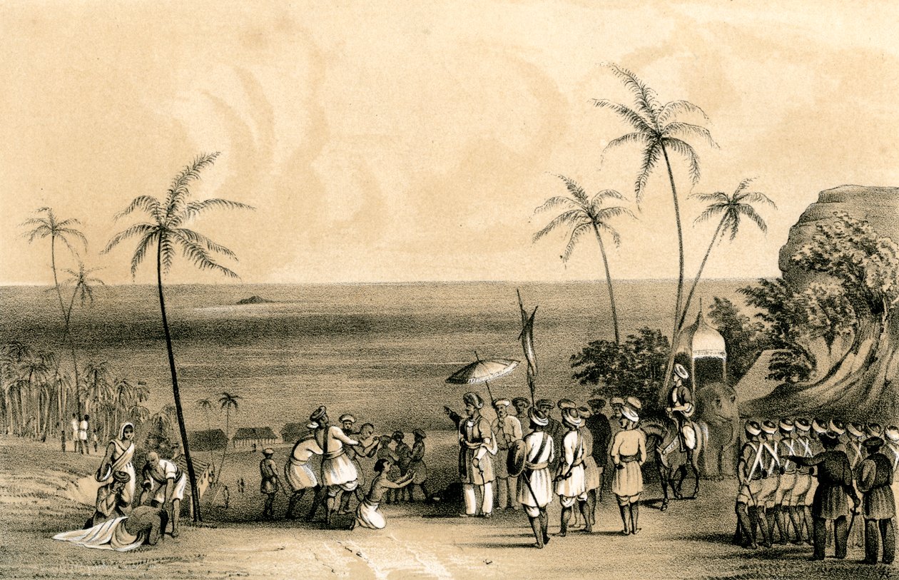 カリカットの商人は、1847年のティプーサイブの命令により、不毛の岩を捕らえ、鎖でつなぎました。 作： 不明