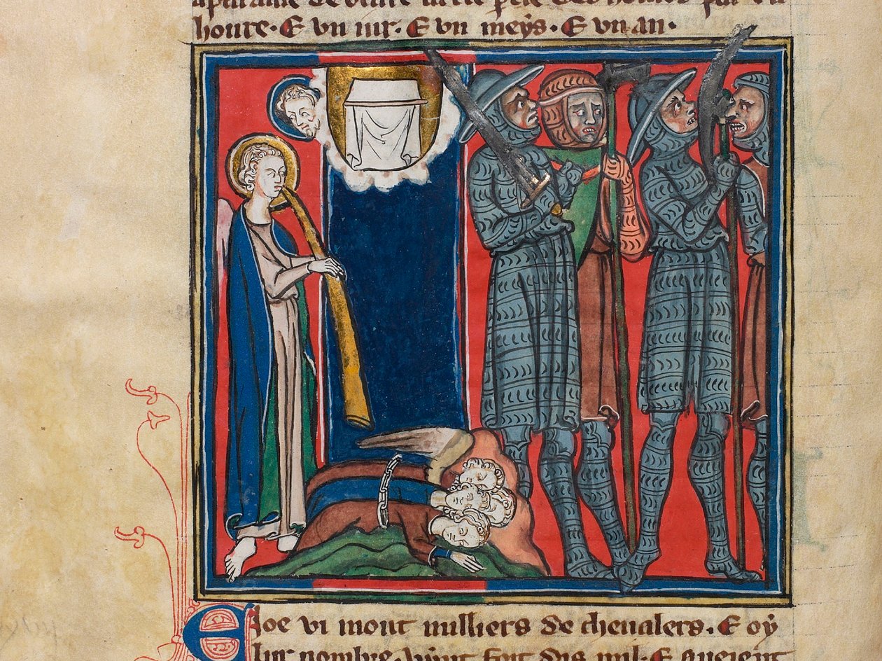 第 6 の天使が彼のトランペットを鳴らしました.ミニチュア: Apocalypse de saint Jean, ca 1320. 作： 不明
