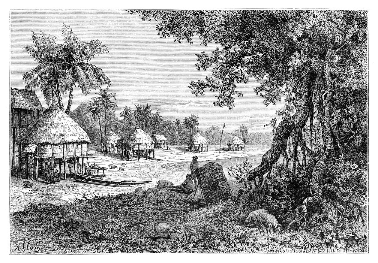 1895年、インド、ニコバル諸島、カーニコバル、サウィの村 作： 不明