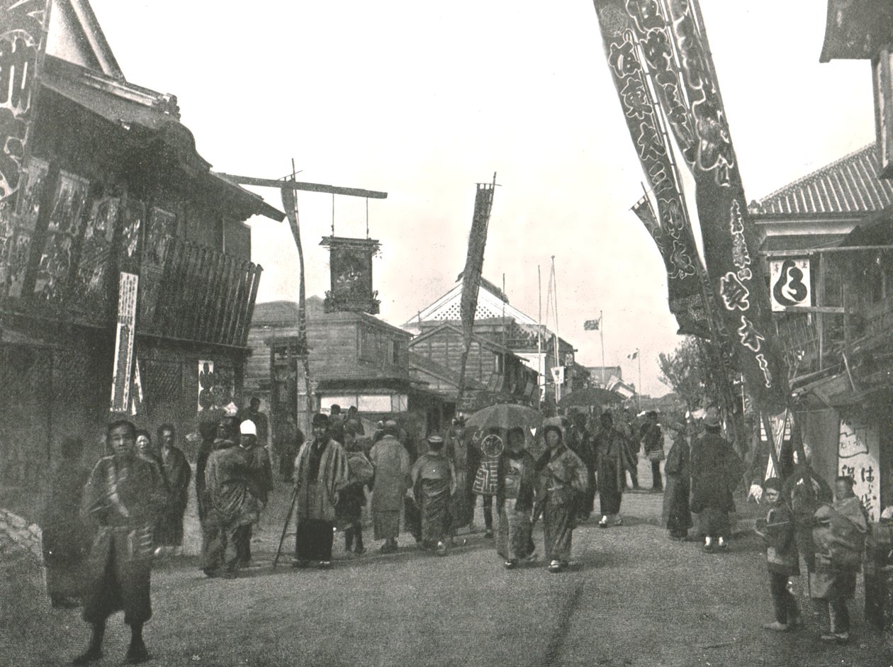 シアターストリート、横浜、日本、1895年。 作： 不明