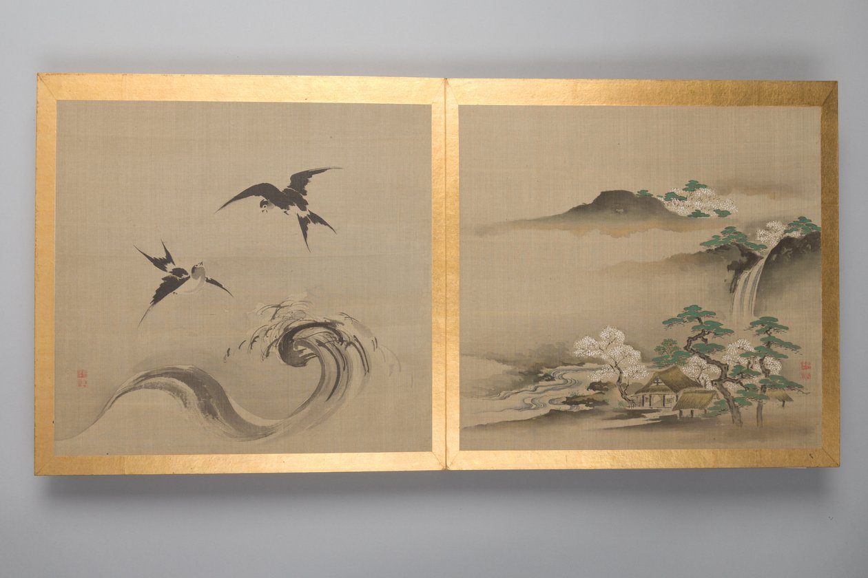 鳥、花、風景を描いた 30 点の絵画、18 世紀後半。 作： 不明