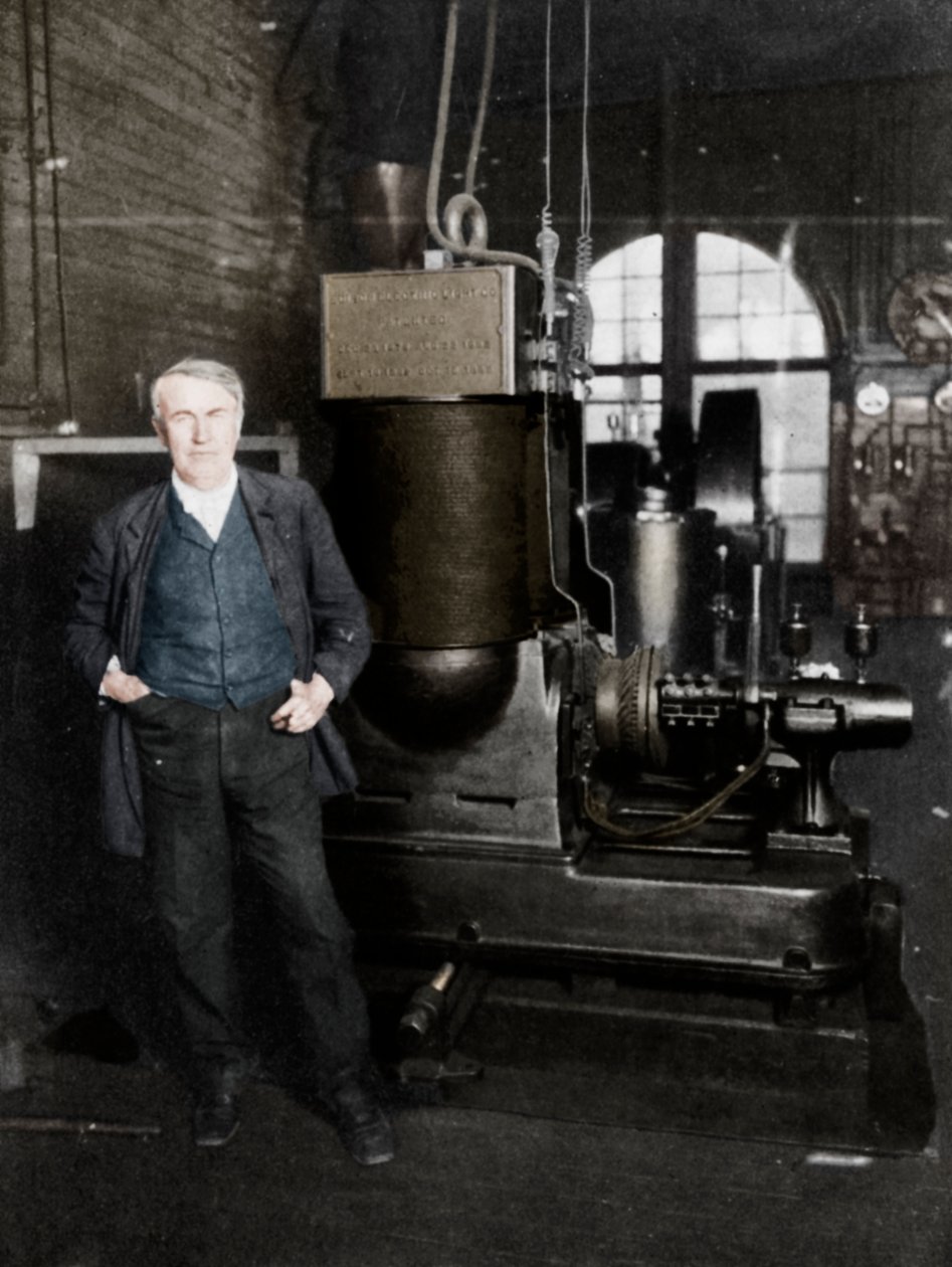 トーマスアルバエジソン、アメリカの発明家、1880年代に電灯を生成する最初の発電機 作： 不明