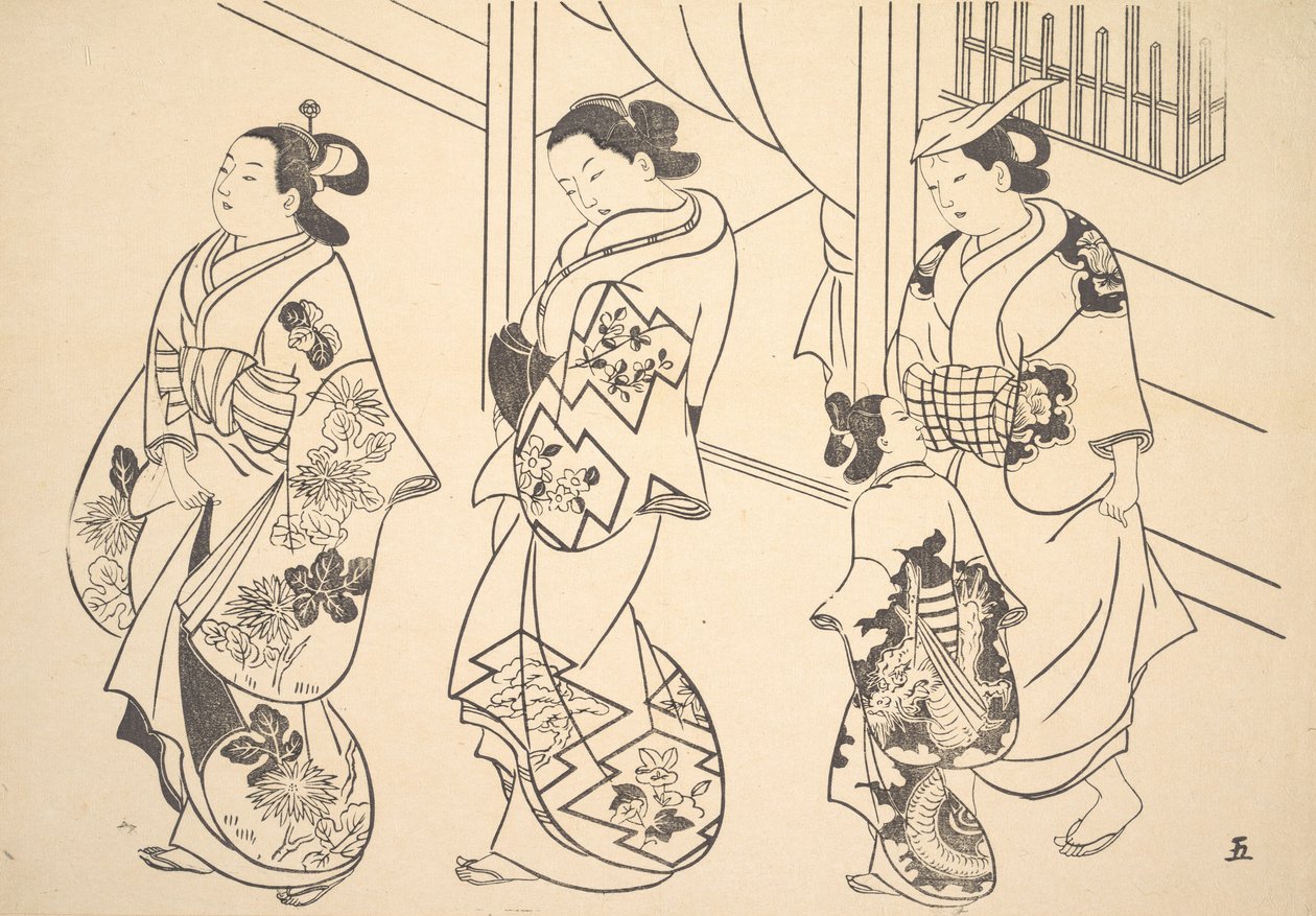 花魁三人と街を闊歩するかむろ。 作： 不明
